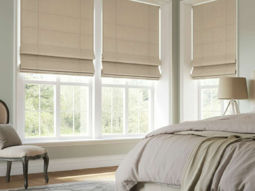 Beige Roman Shades in A Bedroom Minimalist