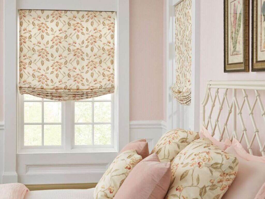 Horizons Relaxed Floral Roman Shades in Bedroom Windows