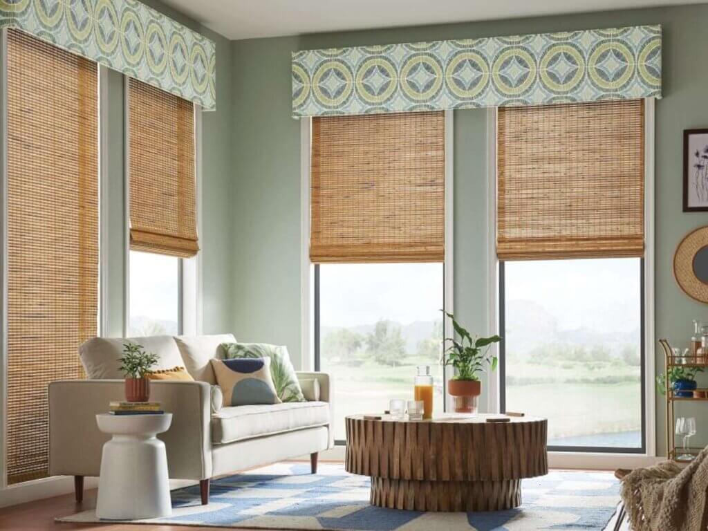 Horizons WF Woven Shades with Valance in Living Room