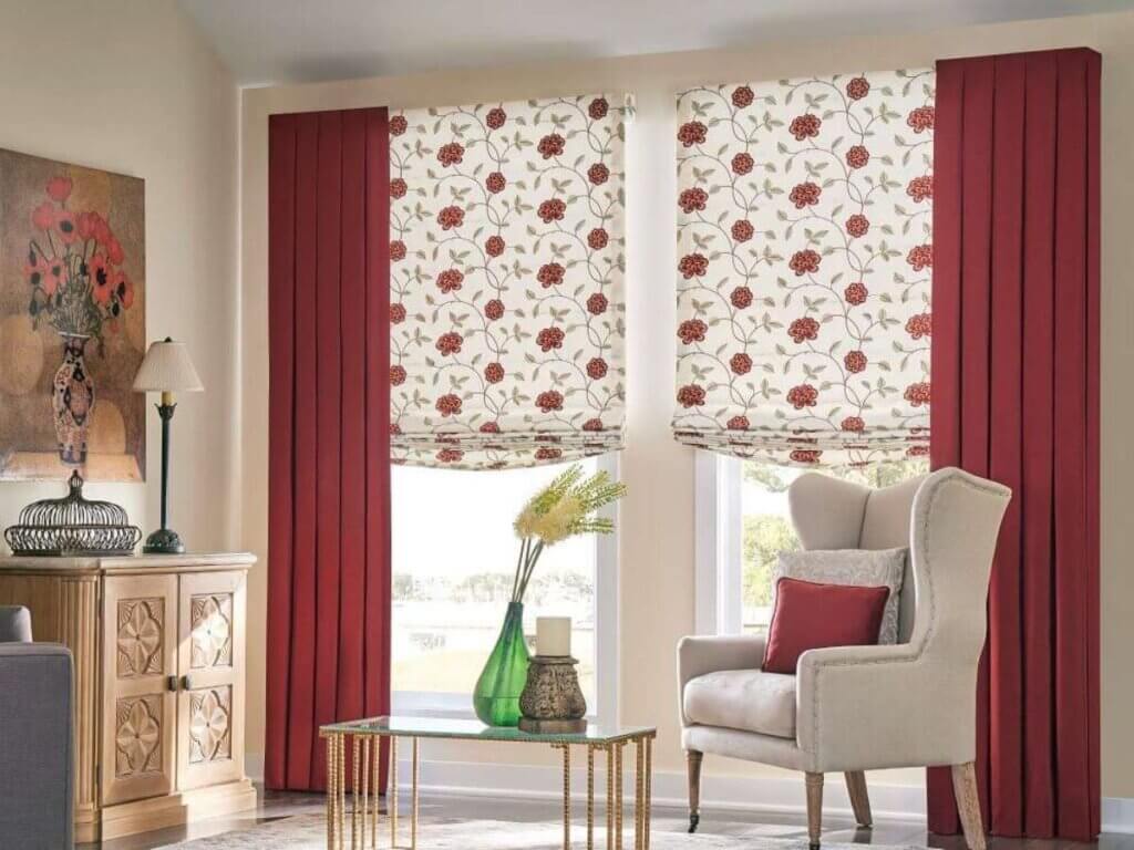 Use patterned Roman shades with solid-colored curtains to create a focal point.