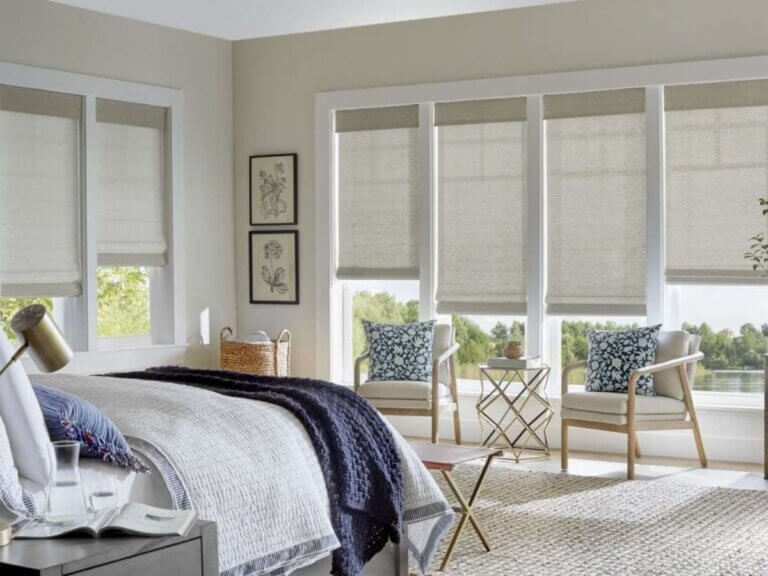 If you love organic textures, woven wood shades made from bamboo or grasses add warmth and depth to your bedroom.