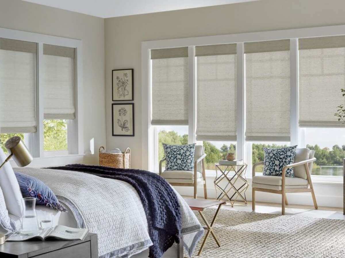 If you love organic textures, woven wood shades made from bamboo or grasses add warmth and depth to your bedroom.