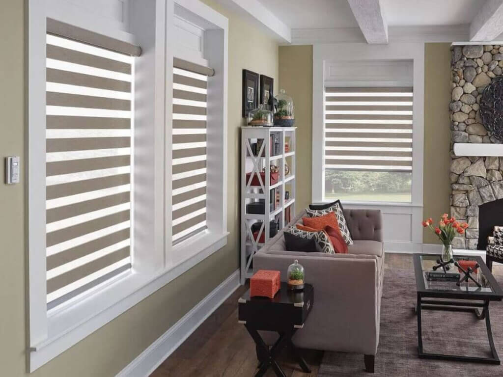 Graber Motorized Zebra Shades in Living Room