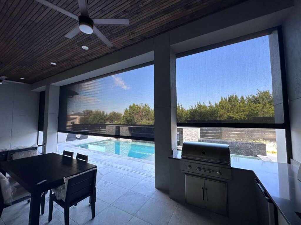 Exterior shades create a one-way effect during daylight hours, allowing you to see out while preventing people from seeing in.