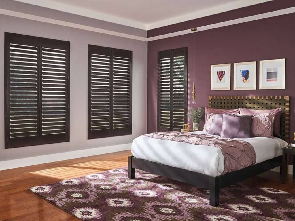 Graber Deep Brown Wood Shutters in Bedroom