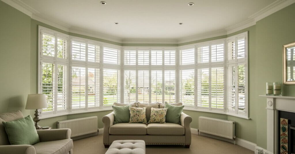 Shutters in Living Room Bow Windows
