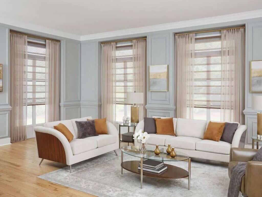 Graber Sheer Drapes and Roller Shades in Living Room