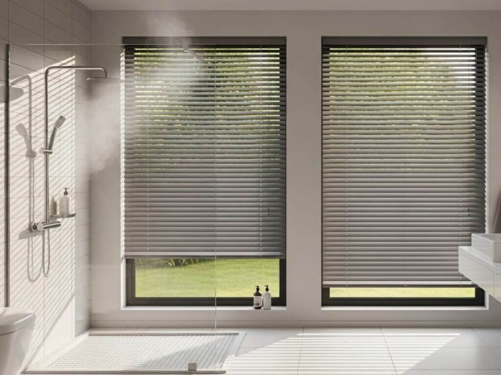 Aluminum Blinds on Big Bathroom Windows