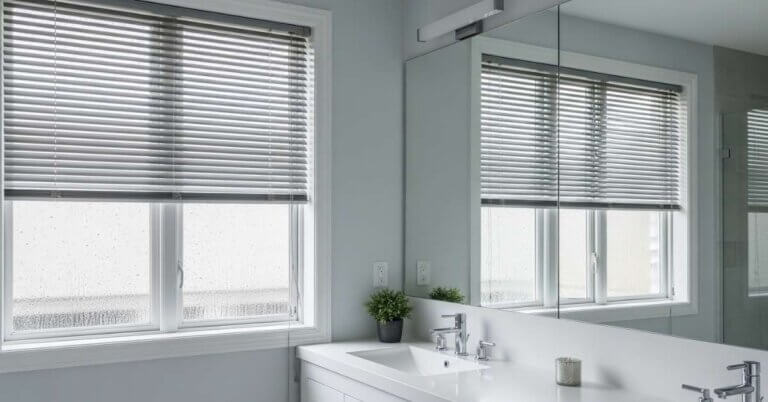 Gray Aluminum Blinds Bathroom Windows