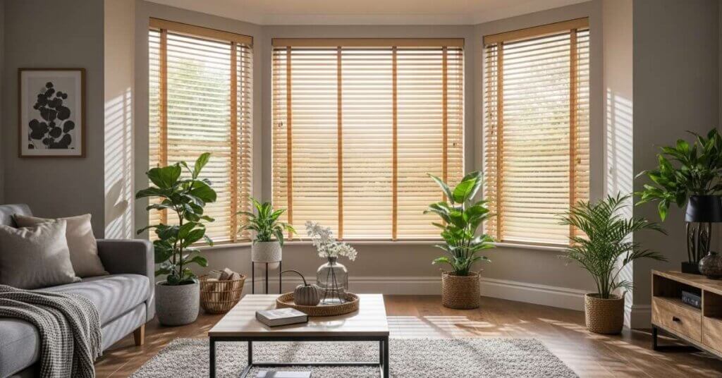 Wood Blinds in Living Room Bay Windows