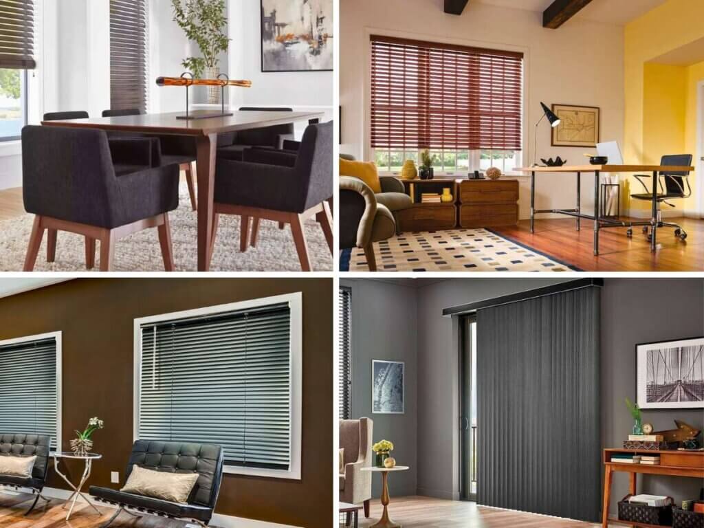 Selecting blinds that match your space and routine makes all the difference, which could be wood blinds, faux wood blinds, vertical blinds, or aluminum blinds as home office blinds.