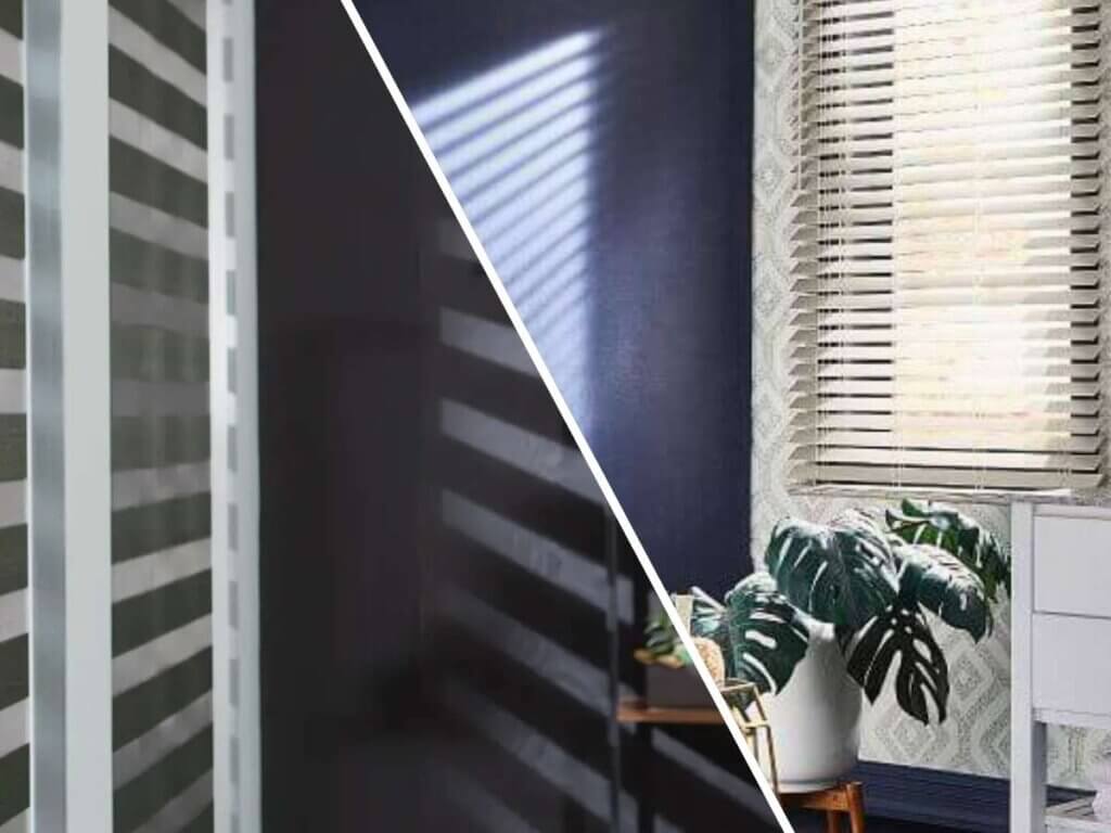 Zebra shades feature a dual-layer design with alternating sheer and solid fabric stripes. Blinds, on the other hand, have horizontal or vertical slats that you can tilt to regulate light.