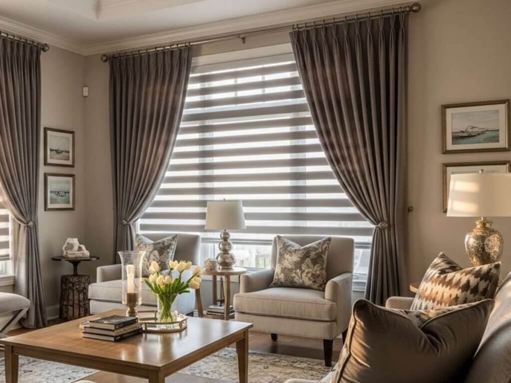 Layer Zebra Shades with Curtains for a Luxurious Look