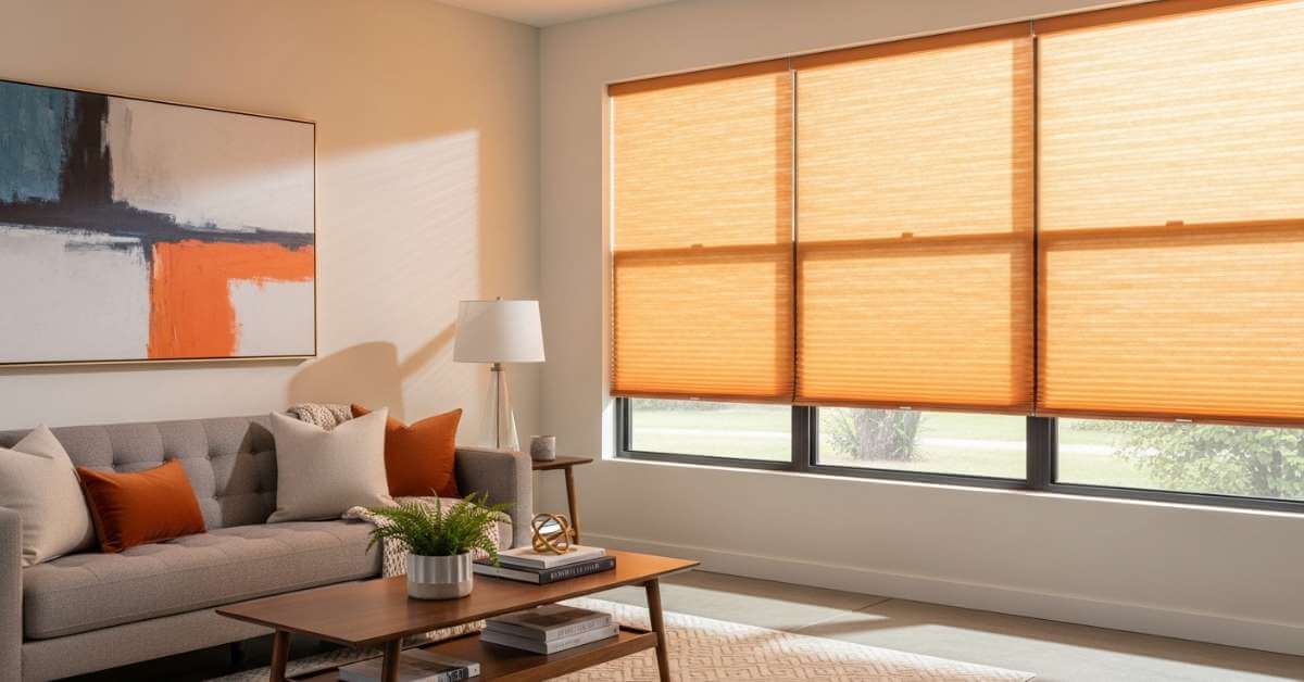 Light Orange Cellular Shades in A Living Room