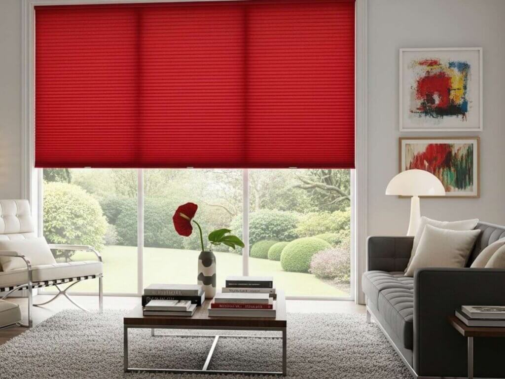 Red Cellular Shades in A Living Room