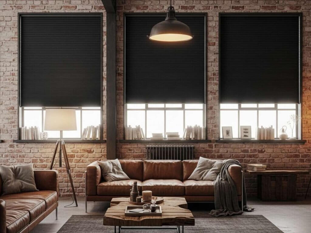 Black Cellular Shades in a industrial themed home