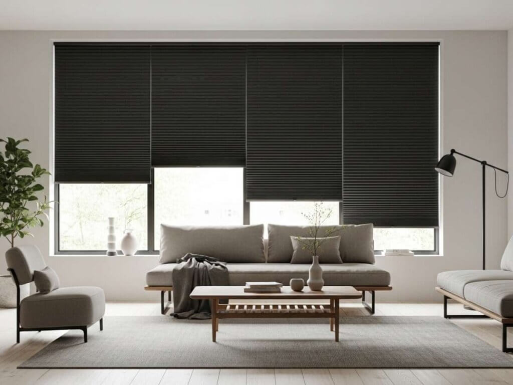 Black Cellular Shades in a living room