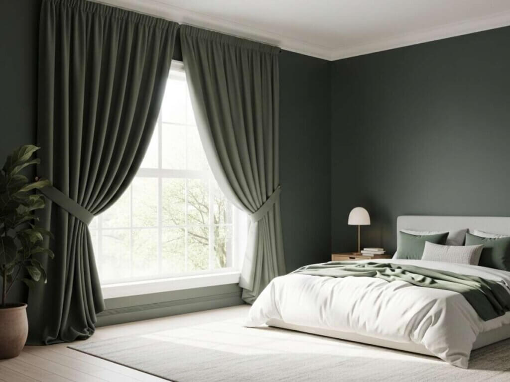 Blackout Curtains in a Green Themed Bedroom