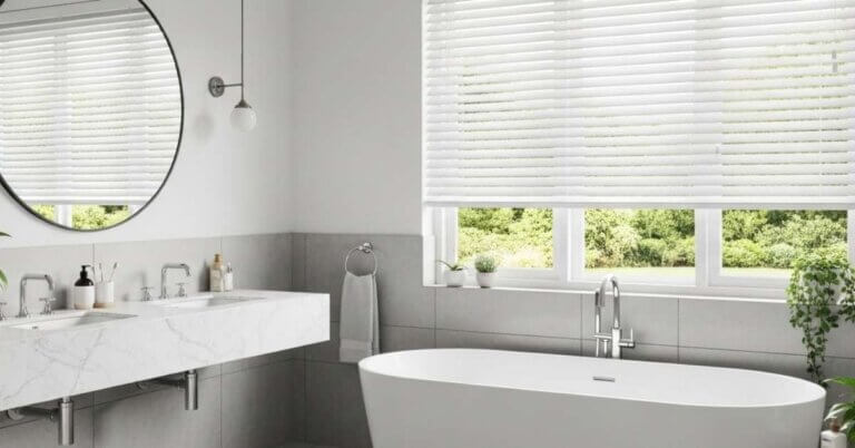 Faux Wood Blinds In A Bathroom