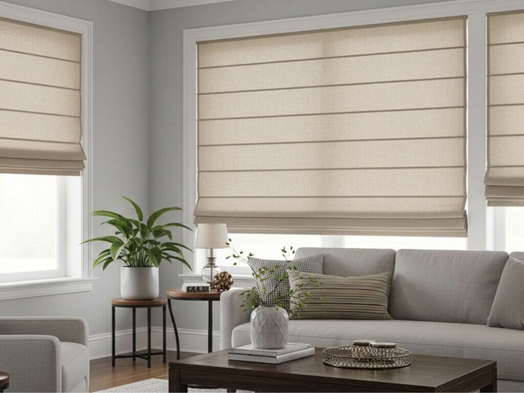 Sand Beige Roman Shades in a living room