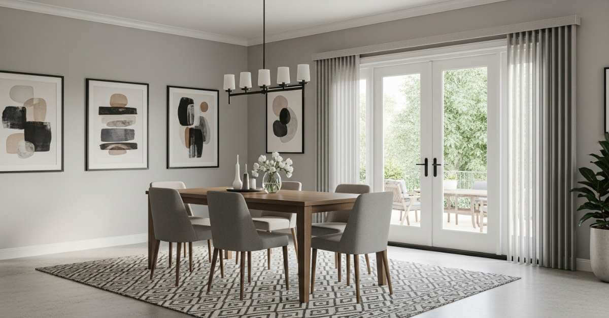 Vertical Blinds on French Doors in a Dining Room