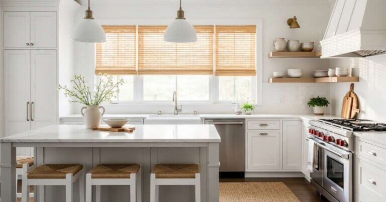 Woven Shades White Kitchen