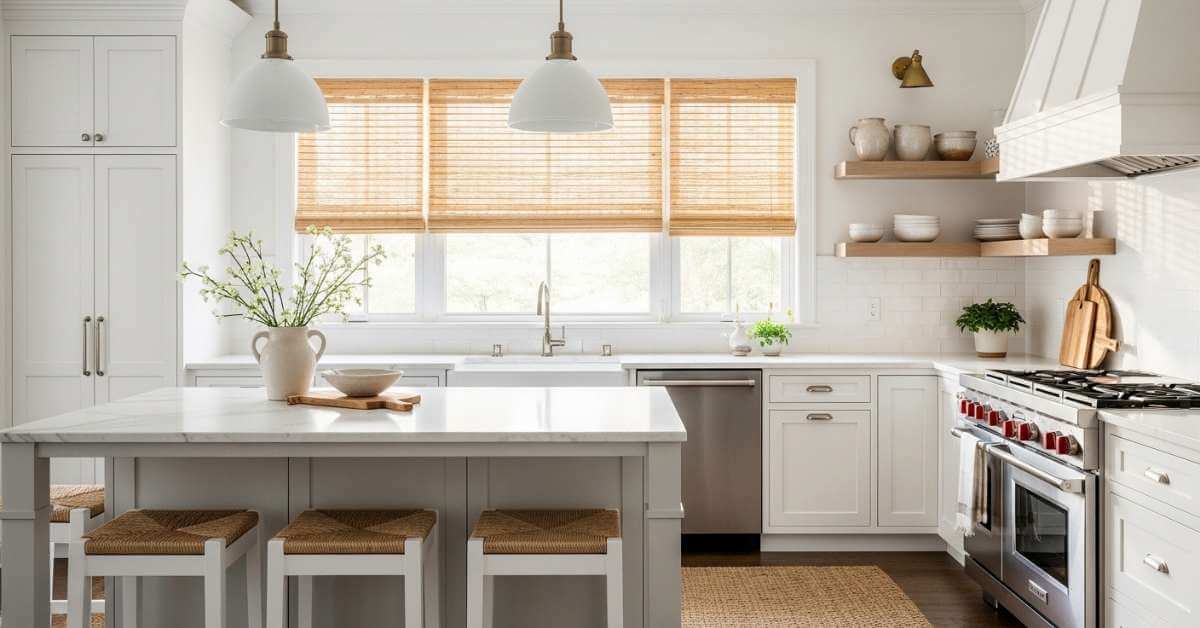 Woven Shades White Kitchen
