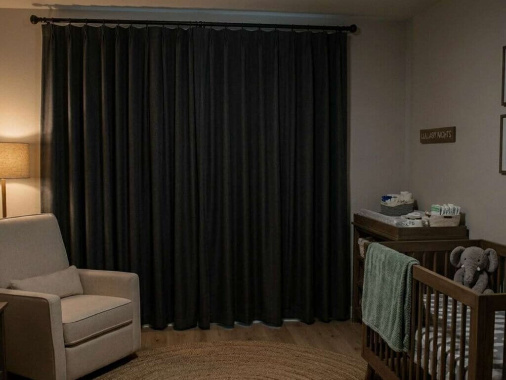 A photo of a drapery with blackout fabric in a nursery room