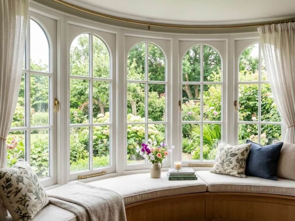 This is a picture of a bow window in a living room