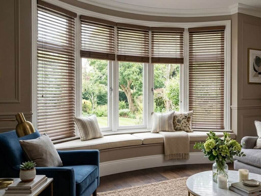 Bow window with wood blinds in a living room