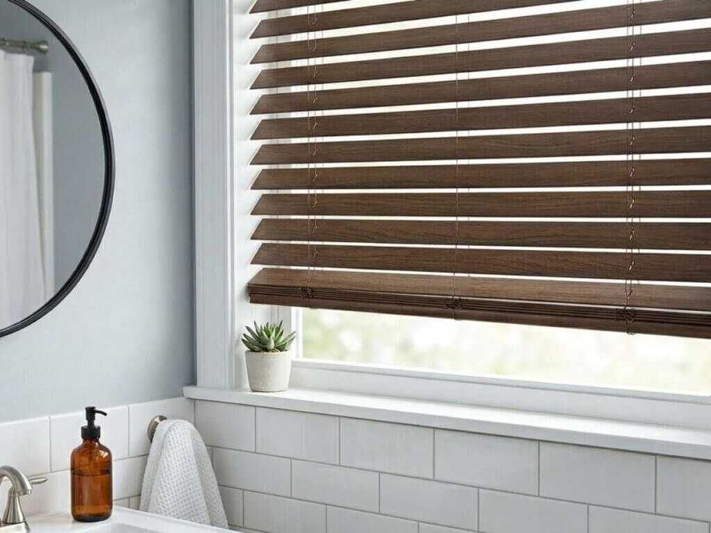 This is a photo of a cordless faux wood blinds in a bathroom