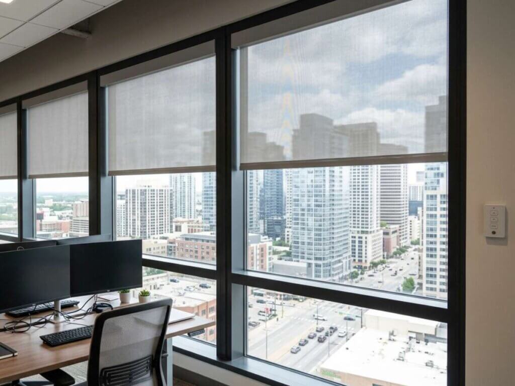 This is a photo of a motorized shades in an office