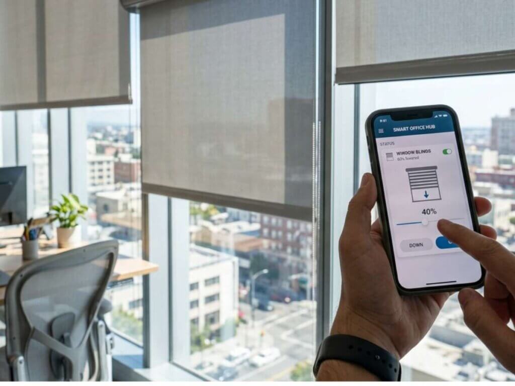 This is a photo of a smart automation motorized blinds in an office