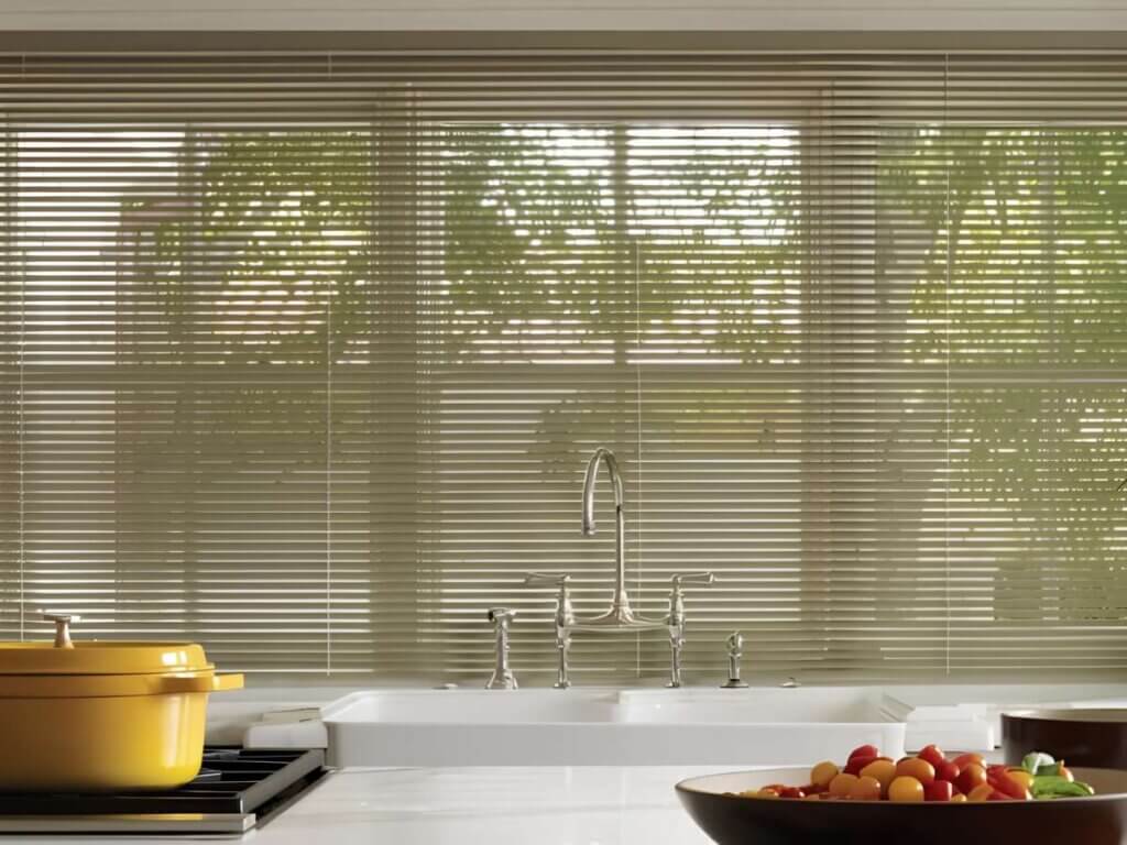 This is a photo of an aluminum blinds in a kitchen