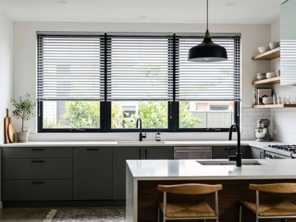 This is a photo of an aluminum blinds in a modern kitchen