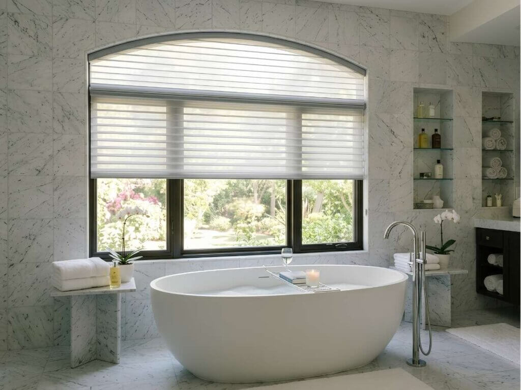 Custom Sheer Shades in a Bathroom with Arched Window