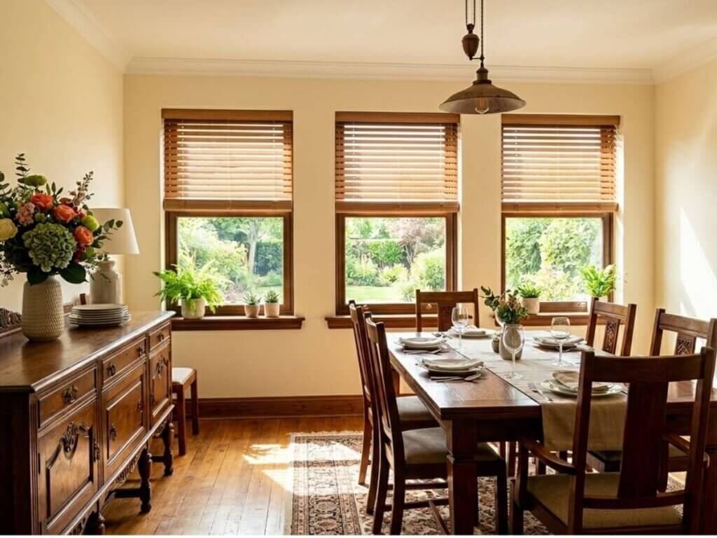 Horizontal Faux Wood Blinds Classic Dining Room