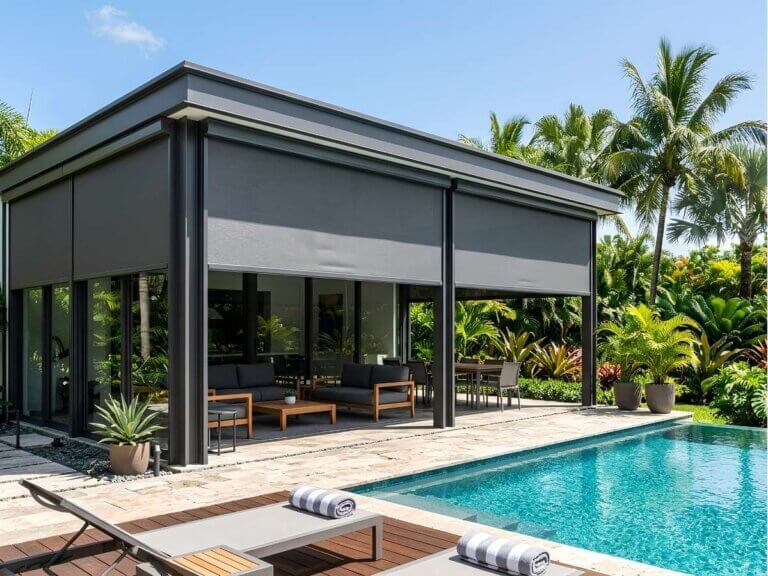 Motorized Outdoor Patio Shades Pool View
