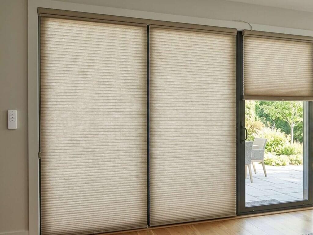 This is a photo of a motorized cellular shades in a sliding door