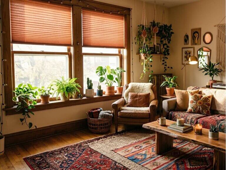Pleated Shades Bohemian Living Room