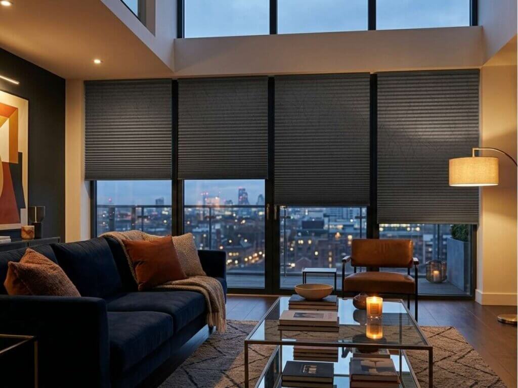 Pleated Shades Living Room with Dramatic Lighting
