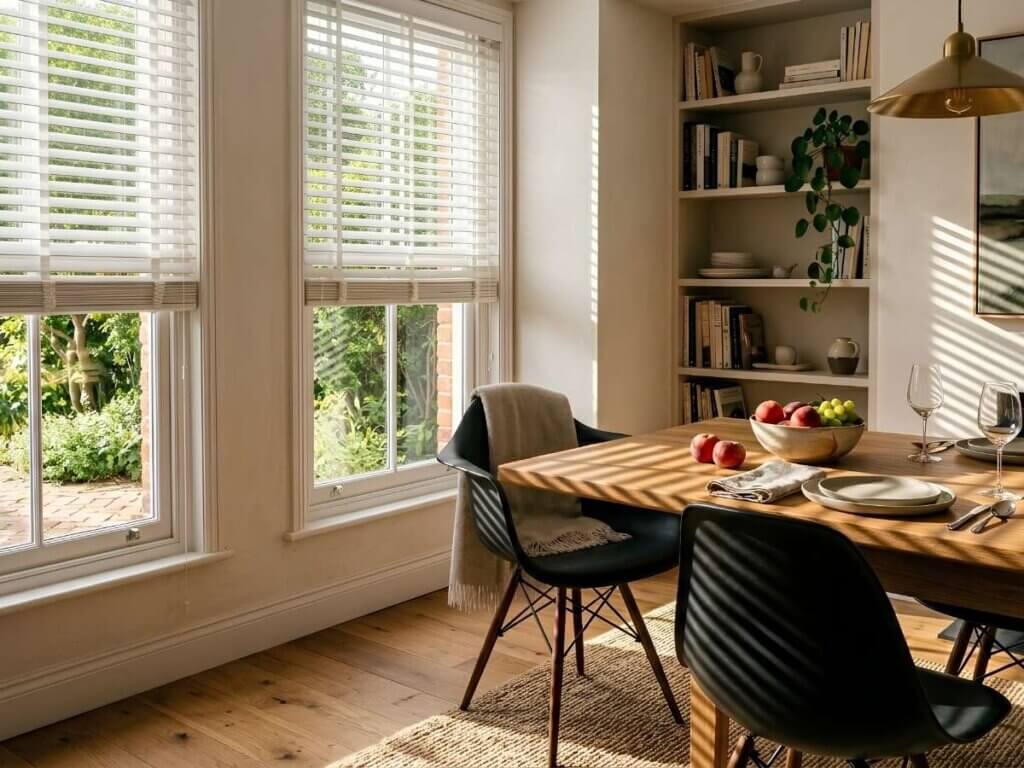 White Faux Wood Blinds Dining Room