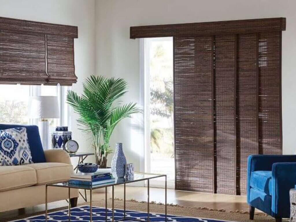 This is a photo of a woven shades in a sliding door