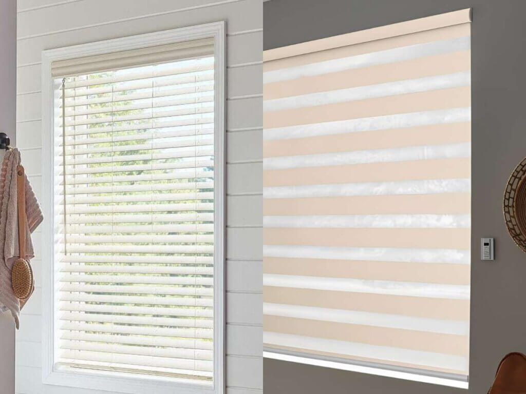 This is a photo of a wood blinds and a motorized zebra shades, manual vs. motorized window treatments