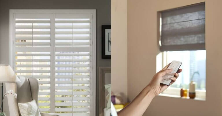 This is a photo of a plantation shutters and a motorized shades