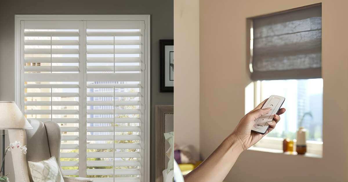 This is a photo of a plantation shutters and a motorized shades
